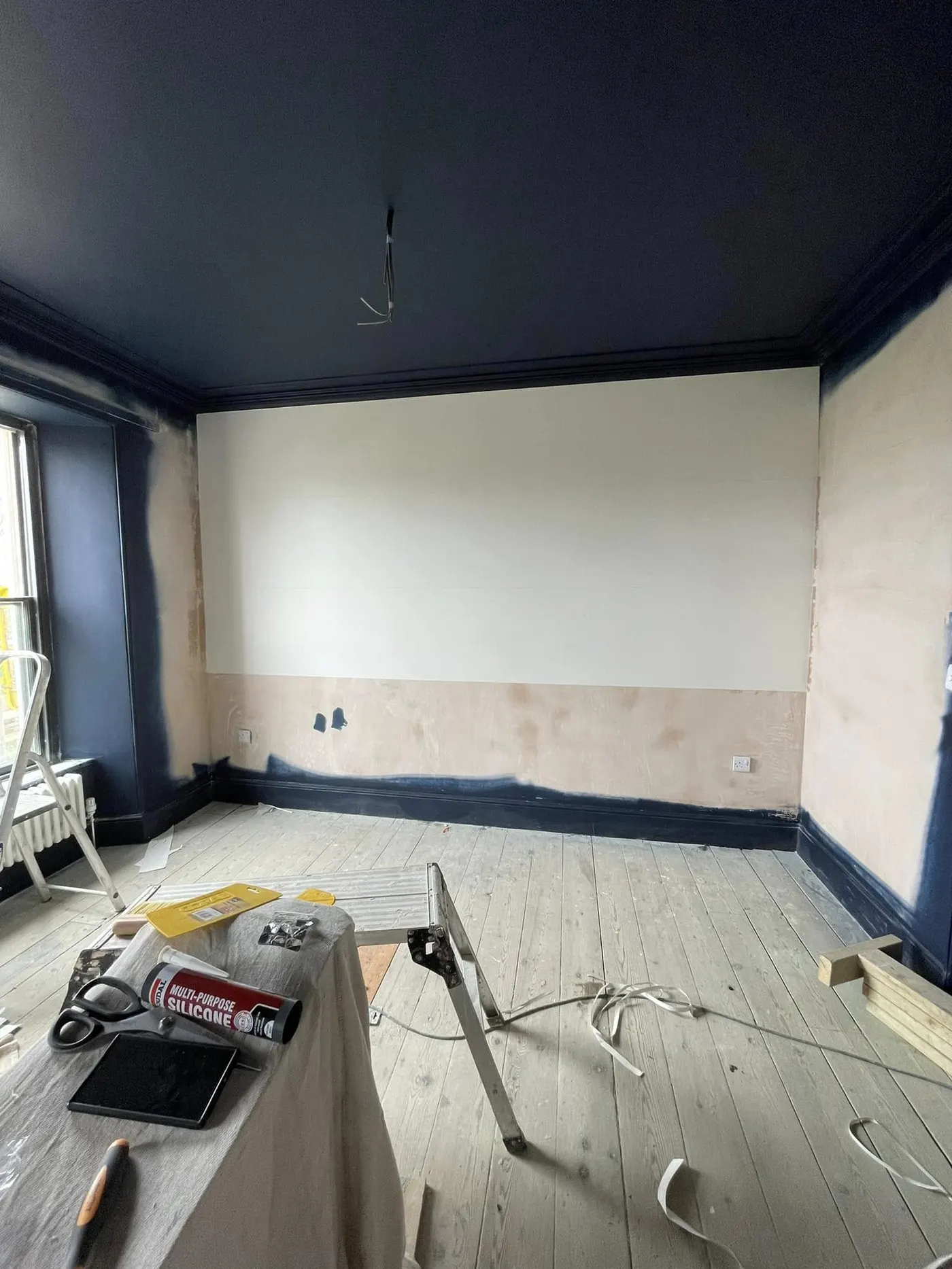 Room with a navy ceiling and woodwork