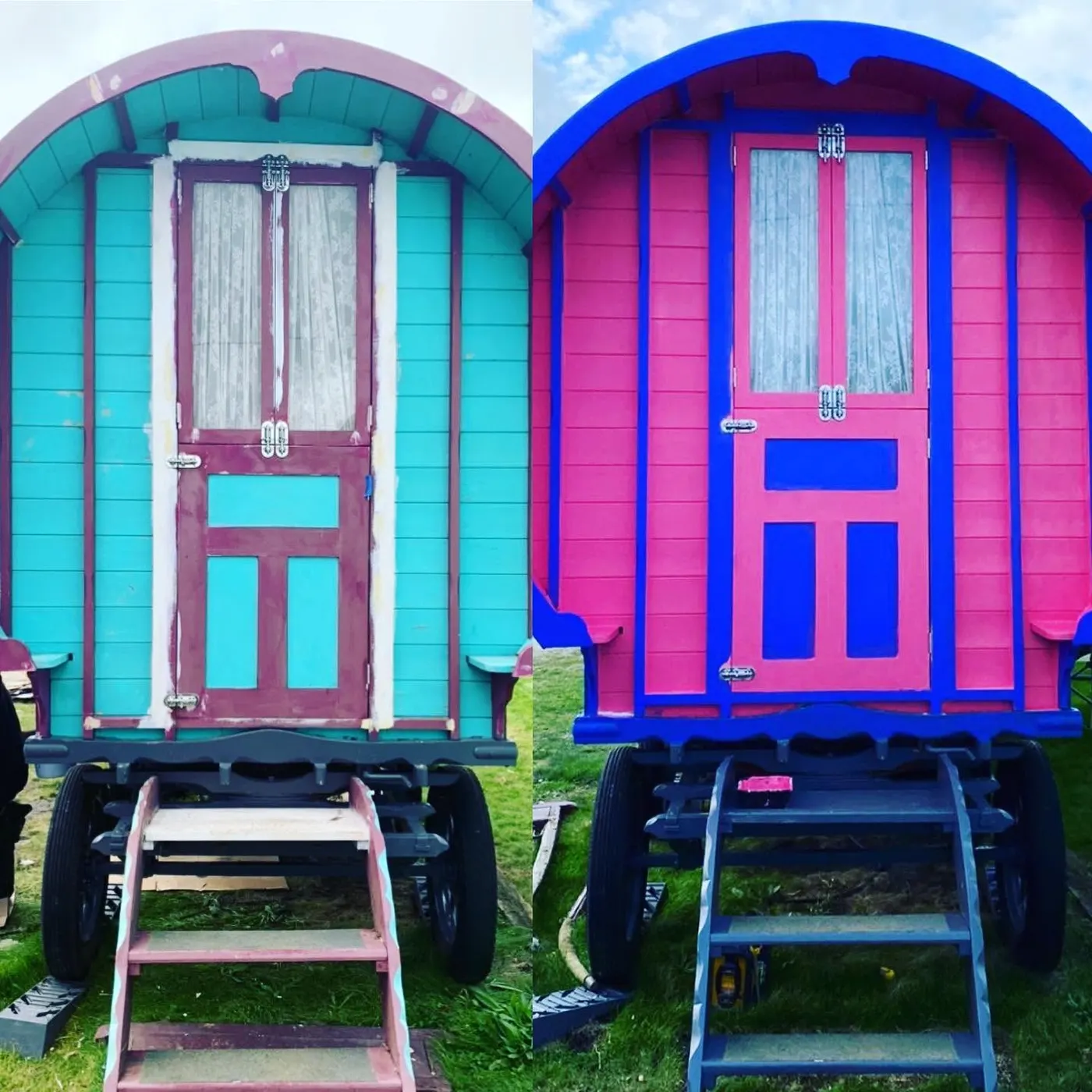 Two shepherd's huts sprayed in turquoise and pink